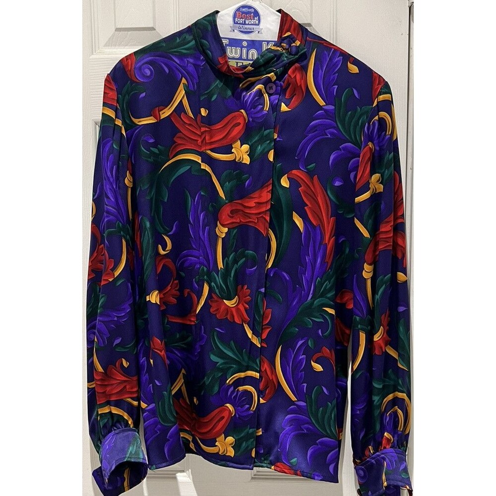 Gloria Sachs Multicolored Floral & Swirl green Red purple Button Up blouse Sz 10
